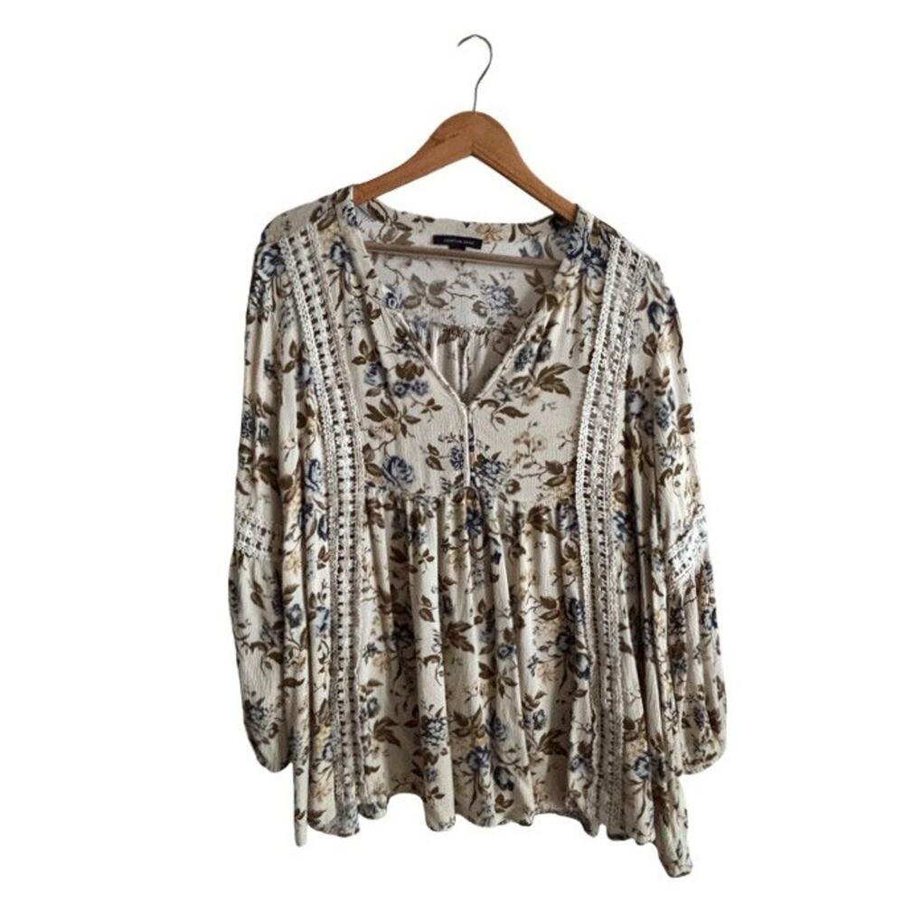 American Eagle Tunic Blouse Floral Size Large Cream Blue Viscose V Neck - Picture 8 of 8